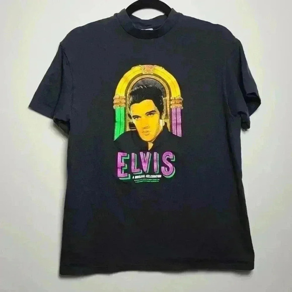 VINTAGE Elvis T-Shirt 1980s Elvis Presley Single Stitch Tee Black Size Large - Picture 1 of 4